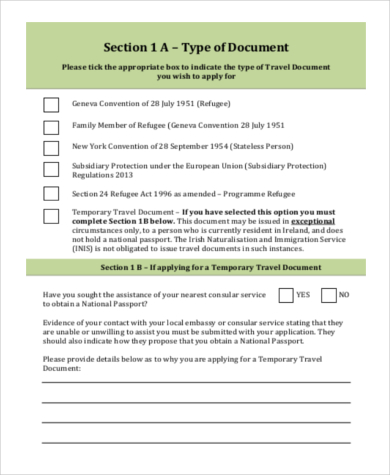 travel document application form