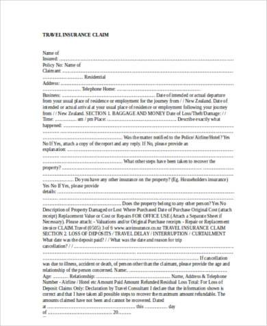 travel insurance claim form in word format