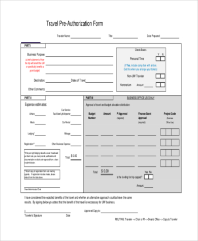 travel pre authorization form