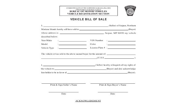 vehicle bill of sale form