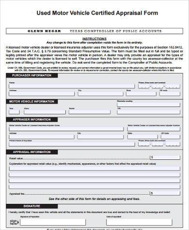 vehicle certified appraisal form