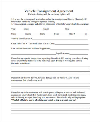 vehicle consignment agreement form