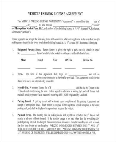 vehicle parking license agreement form