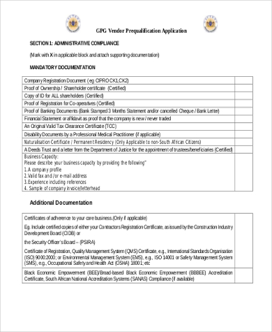 vendor pre qualification application form