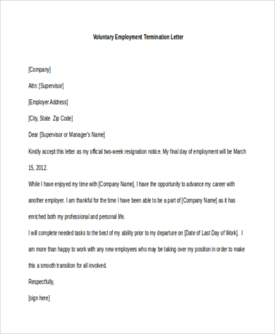 voluntary employment termination letter