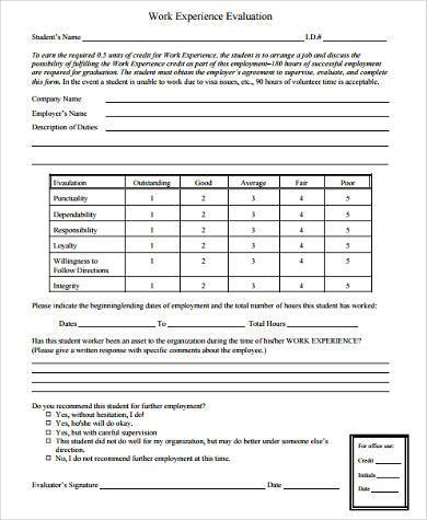 work experience evaluation form