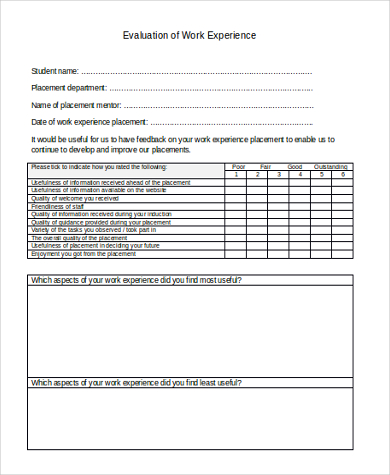 work experience student evaluation form