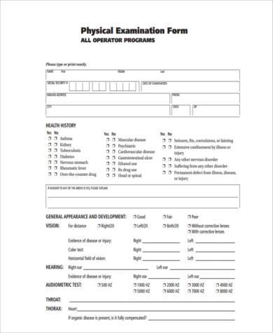work physical examination form
