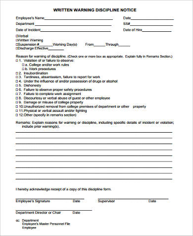 written warning discipline form