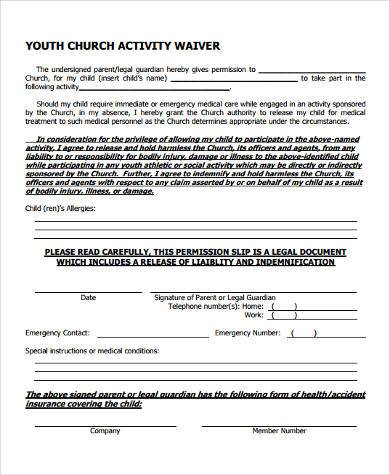 youth church activity waiver form