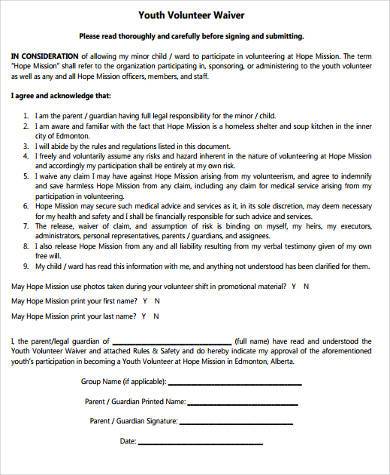 youth volunteer waiver form