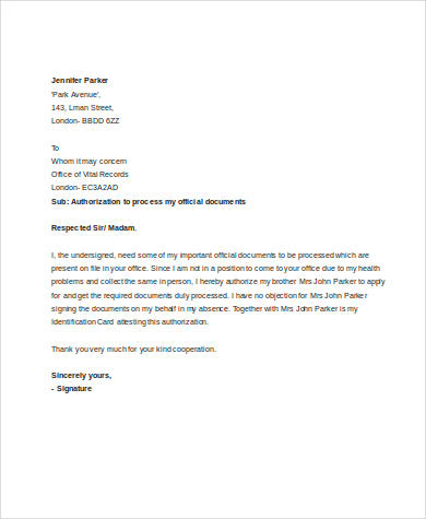 authorization letter for processing documents