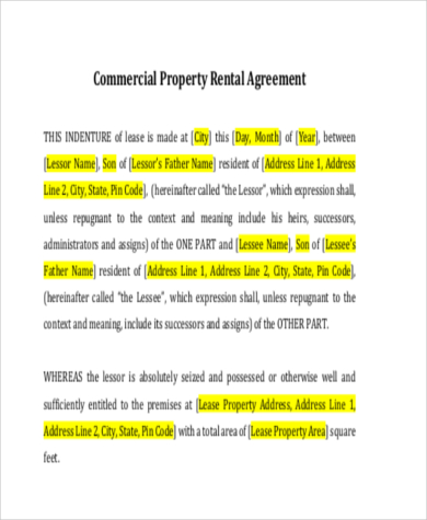 commercial rental agreement letter