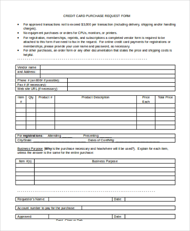 credit card purchase request form
