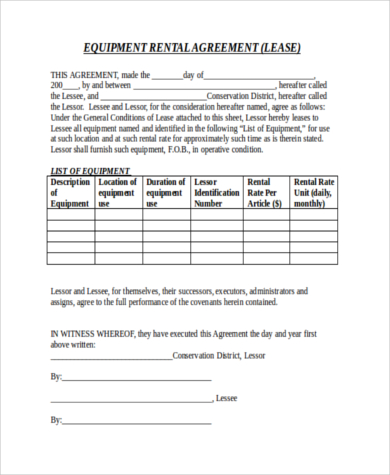 equipment rental agreement letter