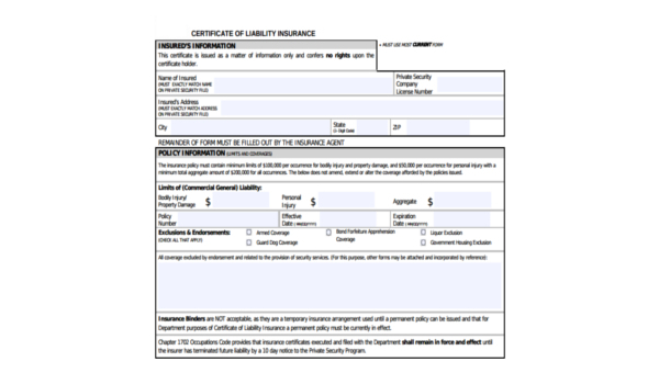 Texas Liability Insurance Card Template