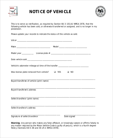 notice of vechle sale form