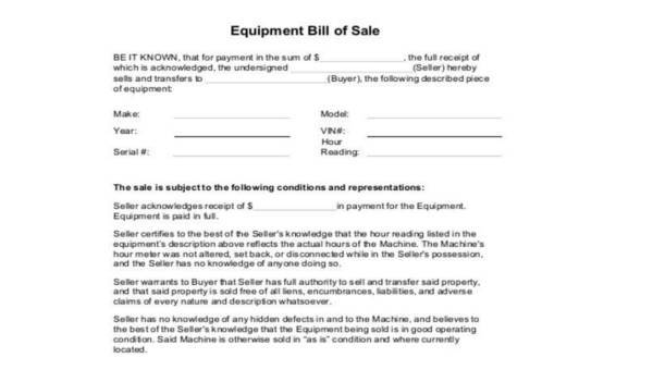  equipment bill of sale form samples