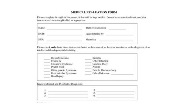  medical evaluation form samples
