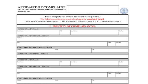  sample complaint affidavit forms