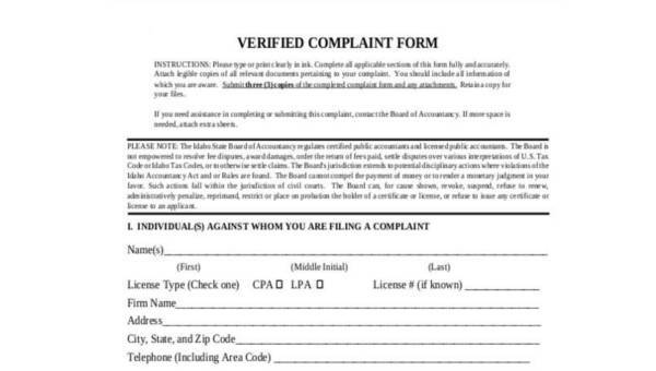  sample complaint verification forms