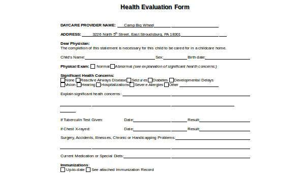  sample health evaluation forms