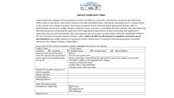  sample service complaint forms
