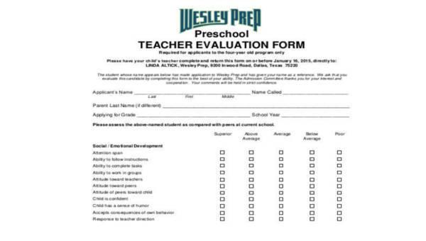  teacher evaluation form samples