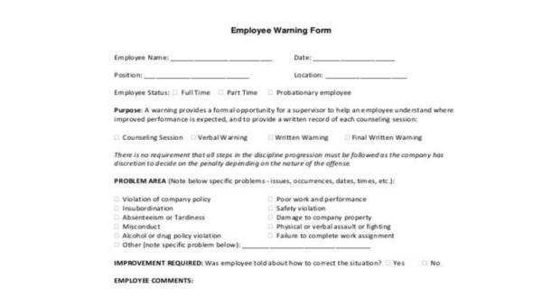  sample employee warning forms