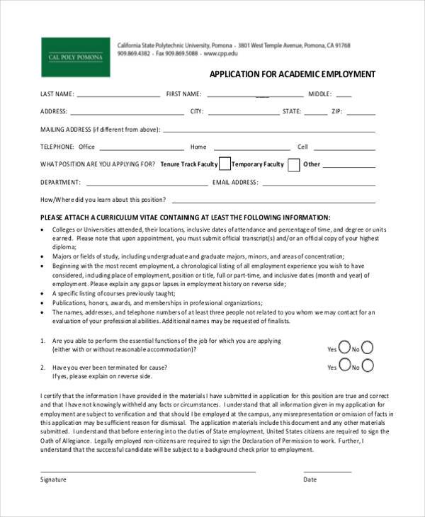 academic employment application form