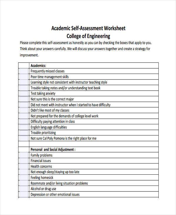 academic self assessment worksheet