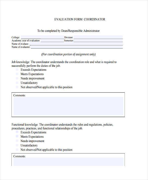 activity coordinator evaluation form