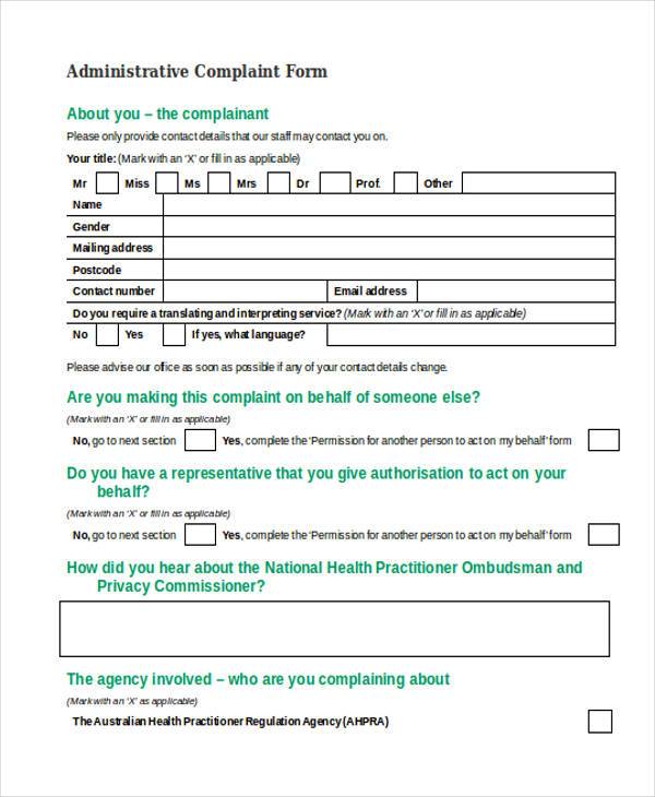 administrative complaint form in doc
