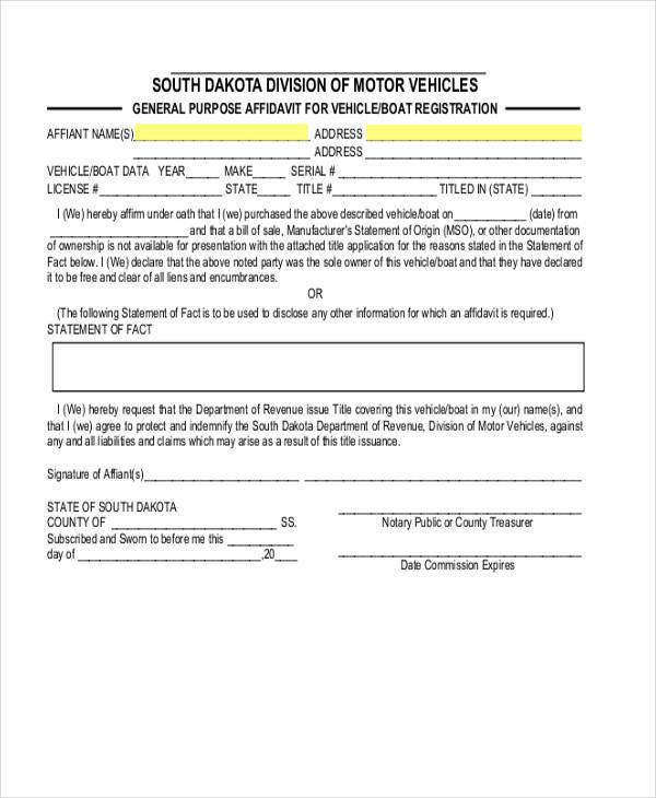 affidavit for vehicle boat registration