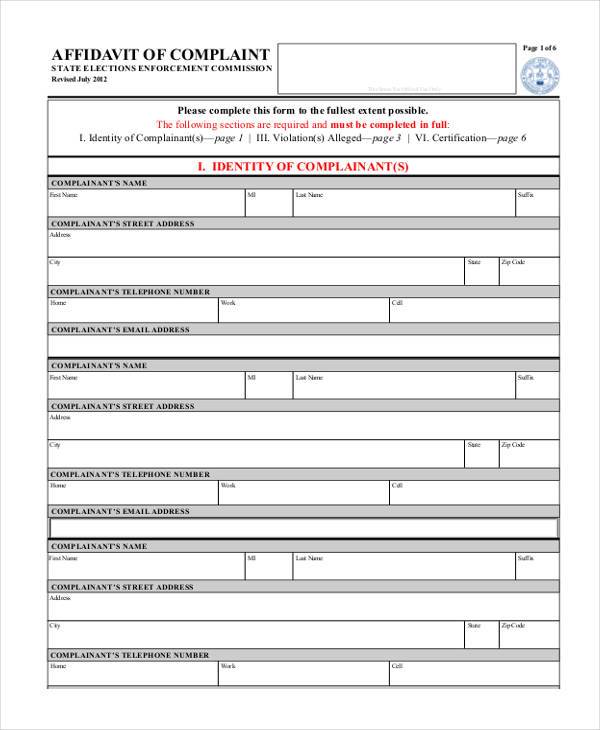 affidavit of complaint form example