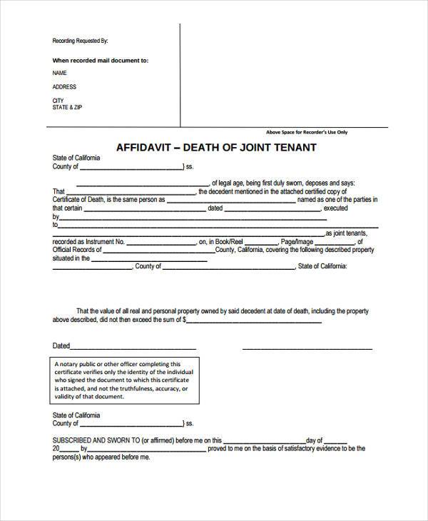 affidavit of death of joint tenant form1
