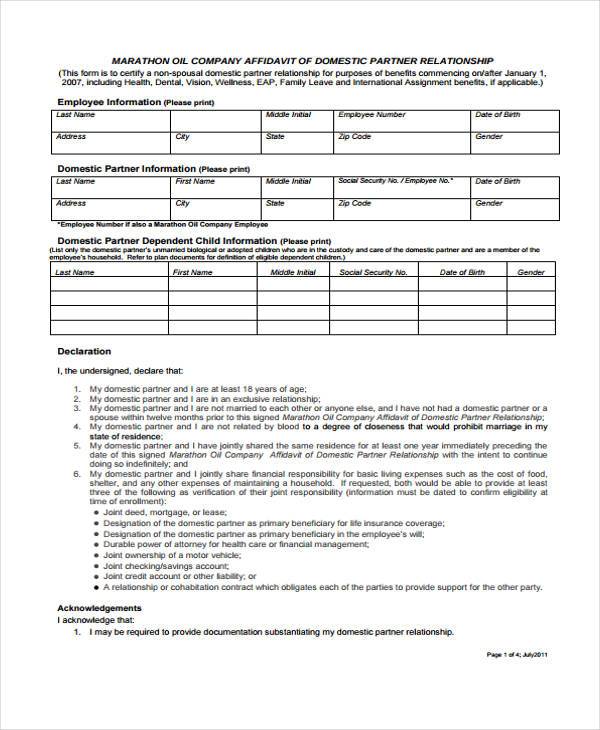 affidavit of domestic partner relationship form
