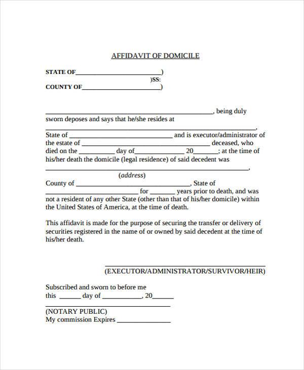 affidavit of domicile form example