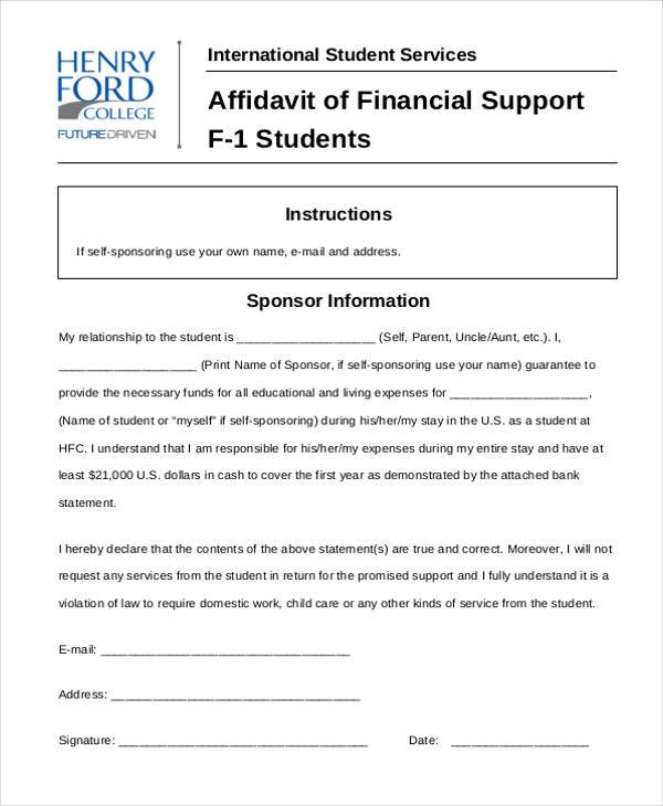 affidavit of financial support for students