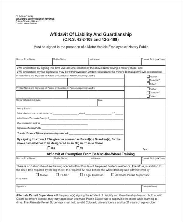 affidavit of liability and guardianship