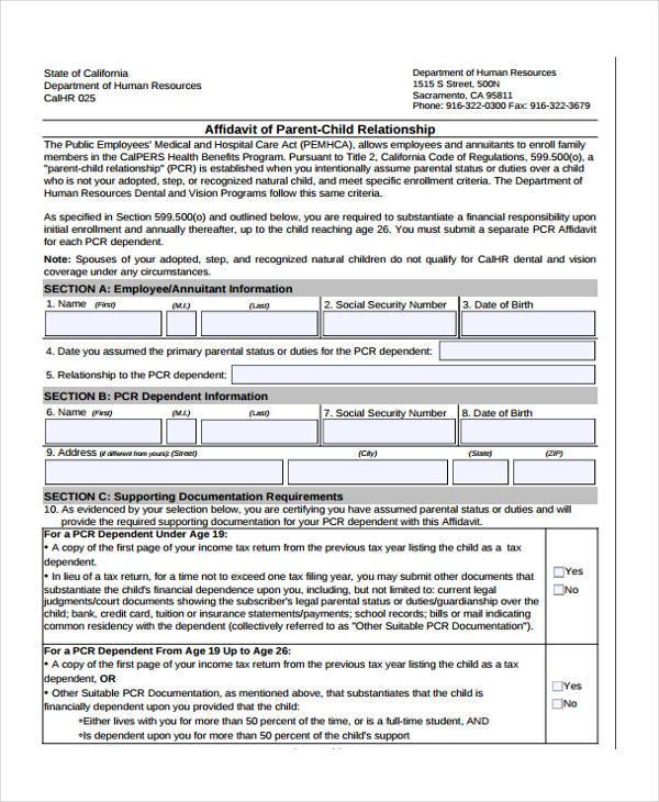 affidavit of parent child relationship