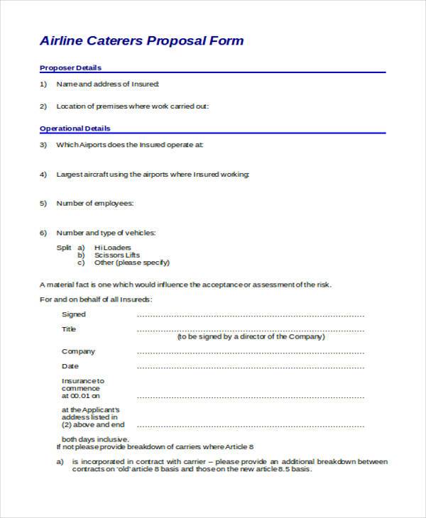 airline catering proposal form