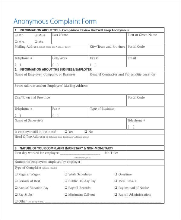 anonymous complaint form in pdf