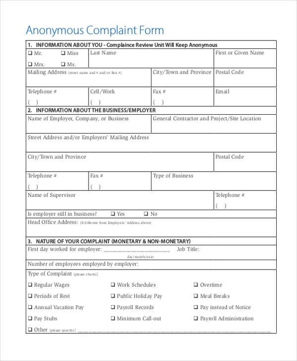 anonymous report complaint form