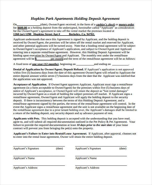 FREE 9+ Holding Deposit Agreement Forms in PDF MS Word