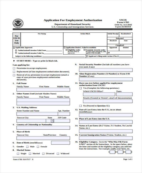 application employment authorization form