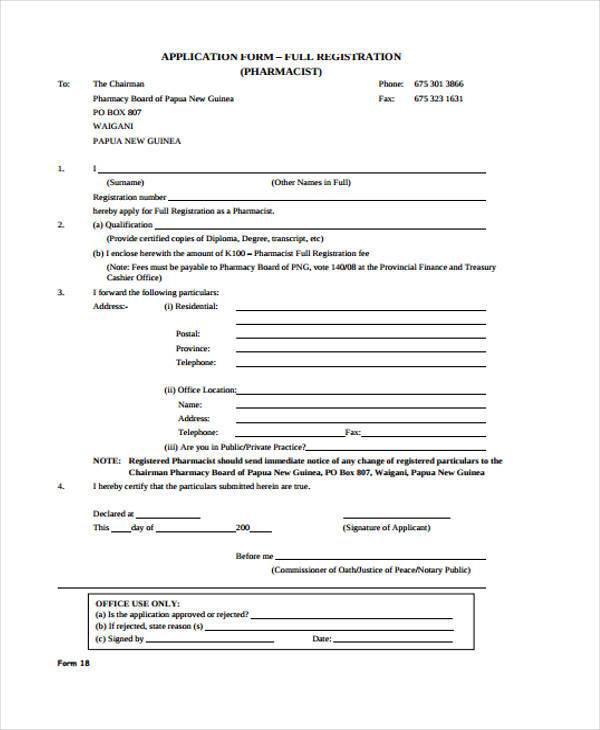 application for full pharmacist registration form example