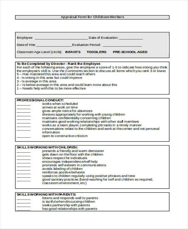 appraisal form for childcare workers