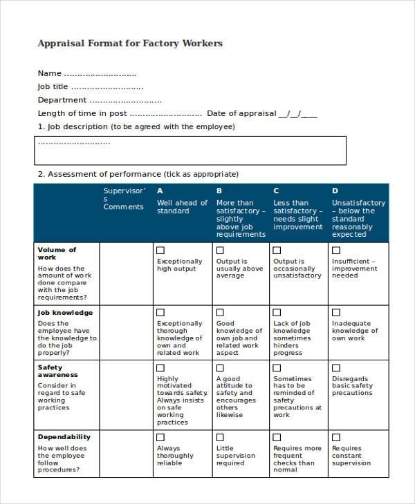 appraisal format for factory workers
