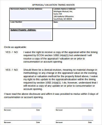 appraisal timing waiver form example